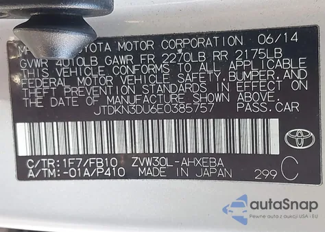 2014 Toyota Prius Two из США, поврежденный, VIN JTDKN3DU6E0385757